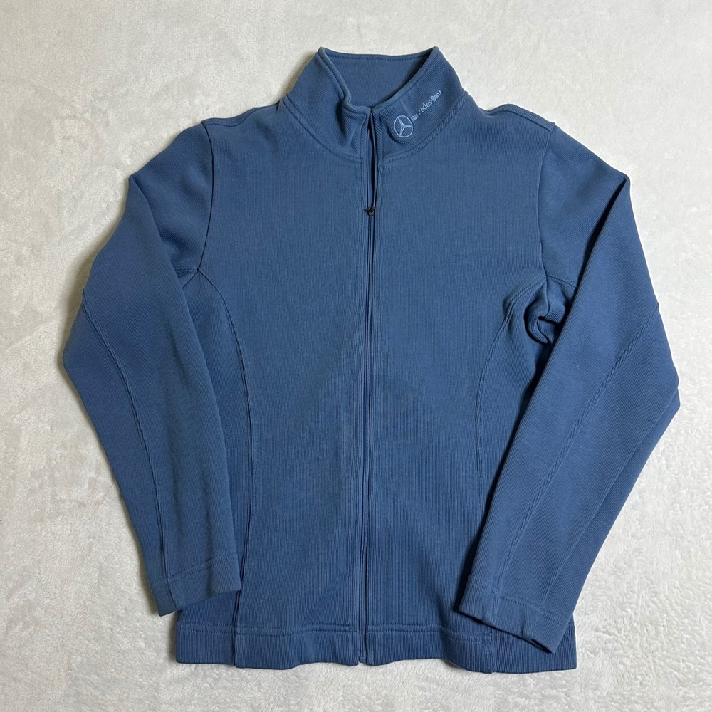 Mercedes-Benz Womens Full Zip Ribbed Jacket Mock Neck Blue Size S Quiet Luxury